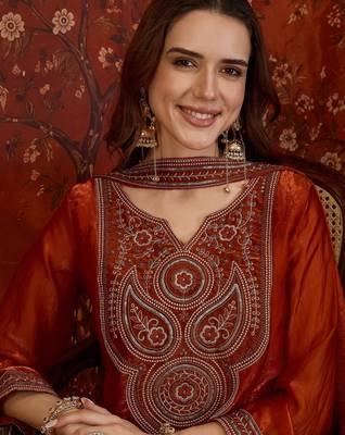 Rust tissue satin embroidered kurta sharara set. 3