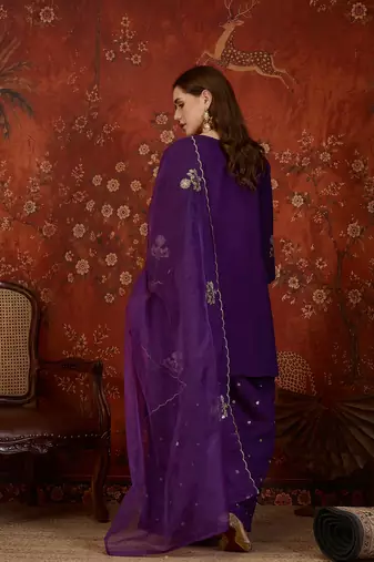 Purple cotton blend embroidered kurta plazzo set with Dupatta.