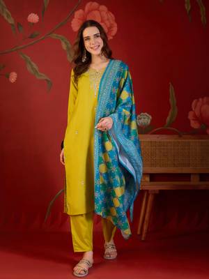 Neon cotton blend embroidered kurta set with Dupatta. 2