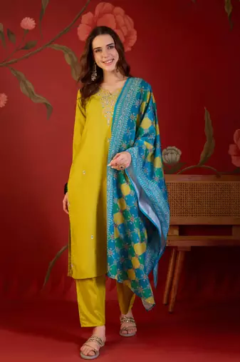 Neon cotton blend embroidered kurta set with Dupatta.