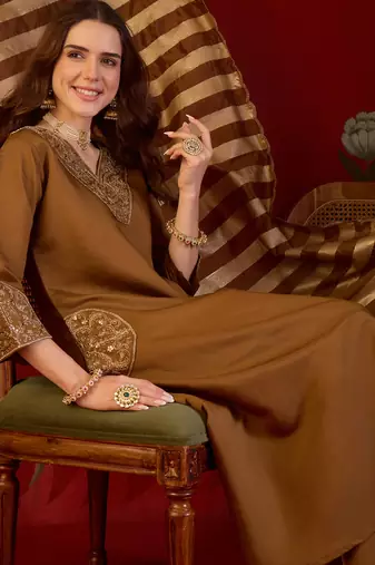 Brown silk blend embroidered kurta set with Dupatta.