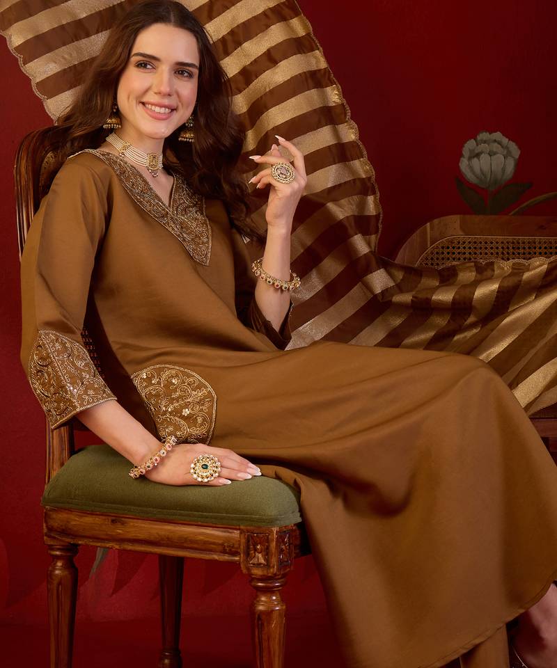 Brown silk blend embroidered kurta set with Dupatta.