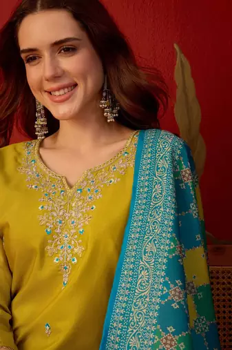 Neon cotton blend embroidered kurta set with Dupatta.
