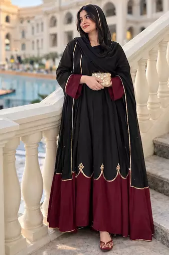 Women black & rust red embroidered kurta pant set with dupatta