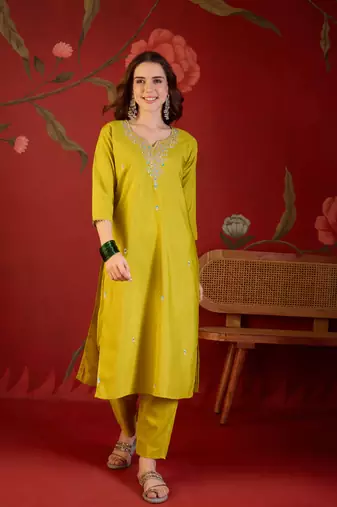 Neon cotton blend embroidered kurta set with Dupatta.
