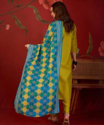 Neon cotton blend embroidered kurta set with Dupatta. 5