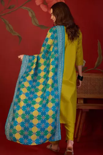 Neon cotton blend embroidered kurta set with Dupatta.
