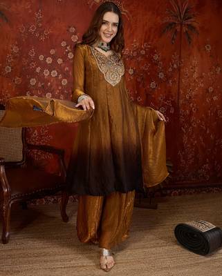 Brown tissue satin embroidered anarkali kurta sharara set With dupatta. 1