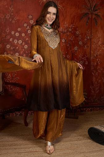 Brown tissue satin embroidered anarkali kurta sharara set With dupatta.
