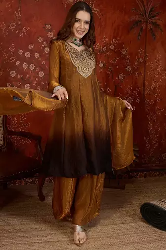 Brown tissue satin embroidered anarkali kurta sharara set With dupatta.
