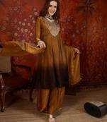 Brown tissue satin embroidered anarkali kurta sharara set With dupatta.
