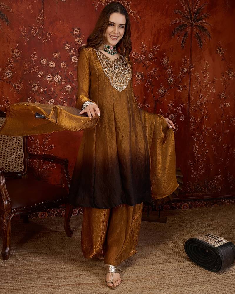 Brown tissue satin embroidered anarkali kurta sharara set With dupatta.