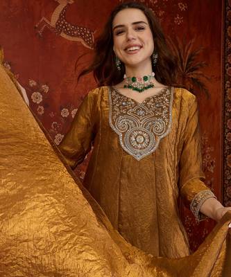 Brown tissue satin embroidered anarkali kurta sharara set With dupatta. 2