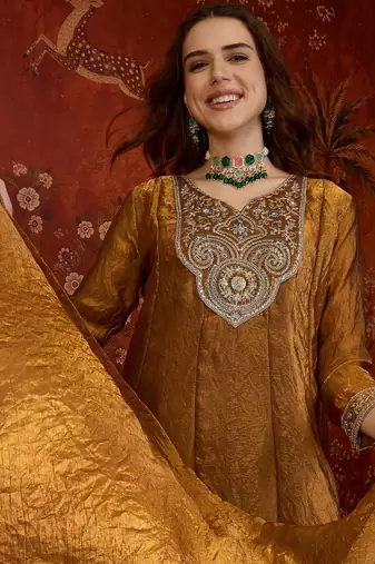 Brown tissue satin embroidered anarkali kurta sharara set With dupatta.