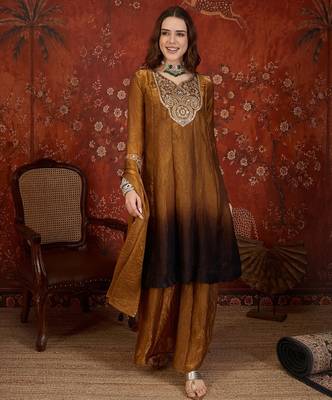 Brown tissue satin embroidered anarkali kurta sharara set With dupatta. 3