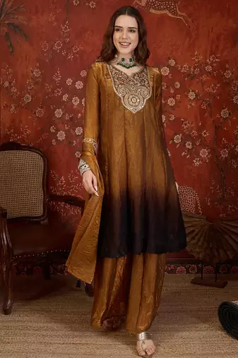 Brown tissue satin embroidered anarkali kurta sharara set With dupatta.