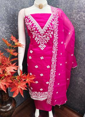 Rani pink chanderi embroidered unstitched suit 2