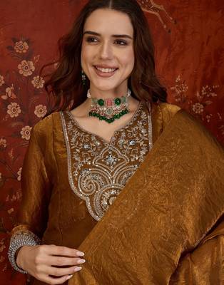 Brown tissue satin embroidered anarkali kurta sharara set With dupatta. 4