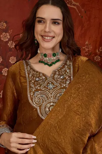 Brown tissue satin embroidered anarkali kurta sharara set With dupatta.