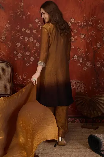 Brown tissue satin embroidered anarkali kurta sharara set With dupatta.