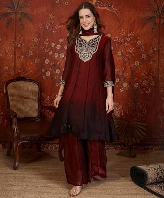 Maroon tissue satin embroidered anarkali kurta sharara set with dupatta. 1
