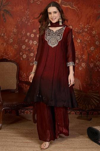 Maroon tissue satin embroidered anarkali kurta sharara set with dupatta.