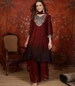 Maroon tissue satin embroidered anarkali kurta sharara set with dupatta.
