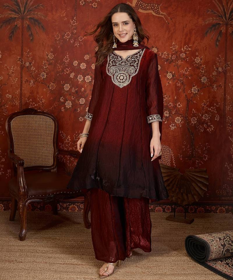 Maroon tissue satin embroidered anarkali kurta sharara set with dupatta.