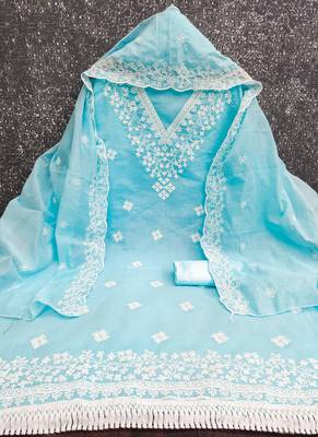 Sky blue chanderi embroidered unstitched suit 3
