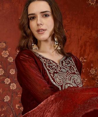 Maroon tissue satin embroidered anarkali kurta sharara set with dupatta. 2
