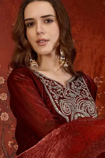 Maroon tissue satin embroidered anarkali kurta sharara set with dupatta.