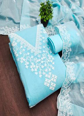 Sky blue chanderi embroidered unstitched suit 4