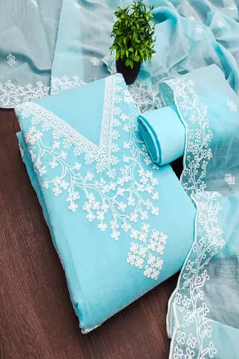 Sky blue chanderi embroidered unstitched suit