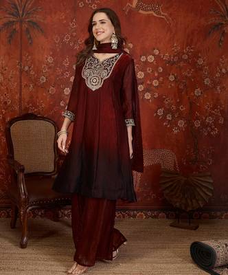 Maroon tissue satin embroidered anarkali kurta sharara set with dupatta. 3