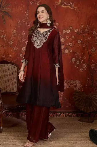 Maroon tissue satin embroidered anarkali kurta sharara set with dupatta.
