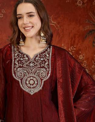 Maroon tissue satin embroidered anarkali kurta sharara set with dupatta. 4