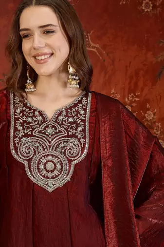 Maroon tissue satin embroidered anarkali kurta sharara set with dupatta.