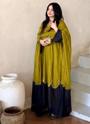 Olive lime green straight kurti with contrast navy blue pant and dupatta set 1
