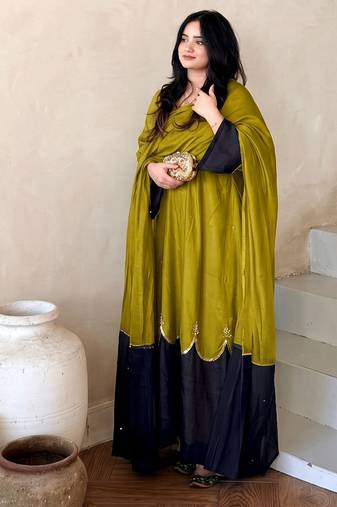 Olive lime green straight kurti with contrast navy blue pant and dupatta set