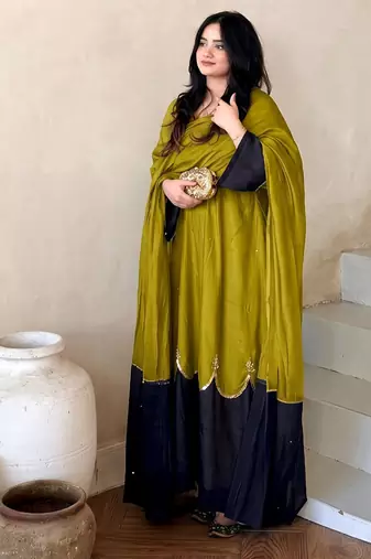 Olive lime green straight kurti with contrast navy blue pant and dupatta set