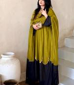 Olive lime green straight kurti with contrast navy blue pant and dupatta set