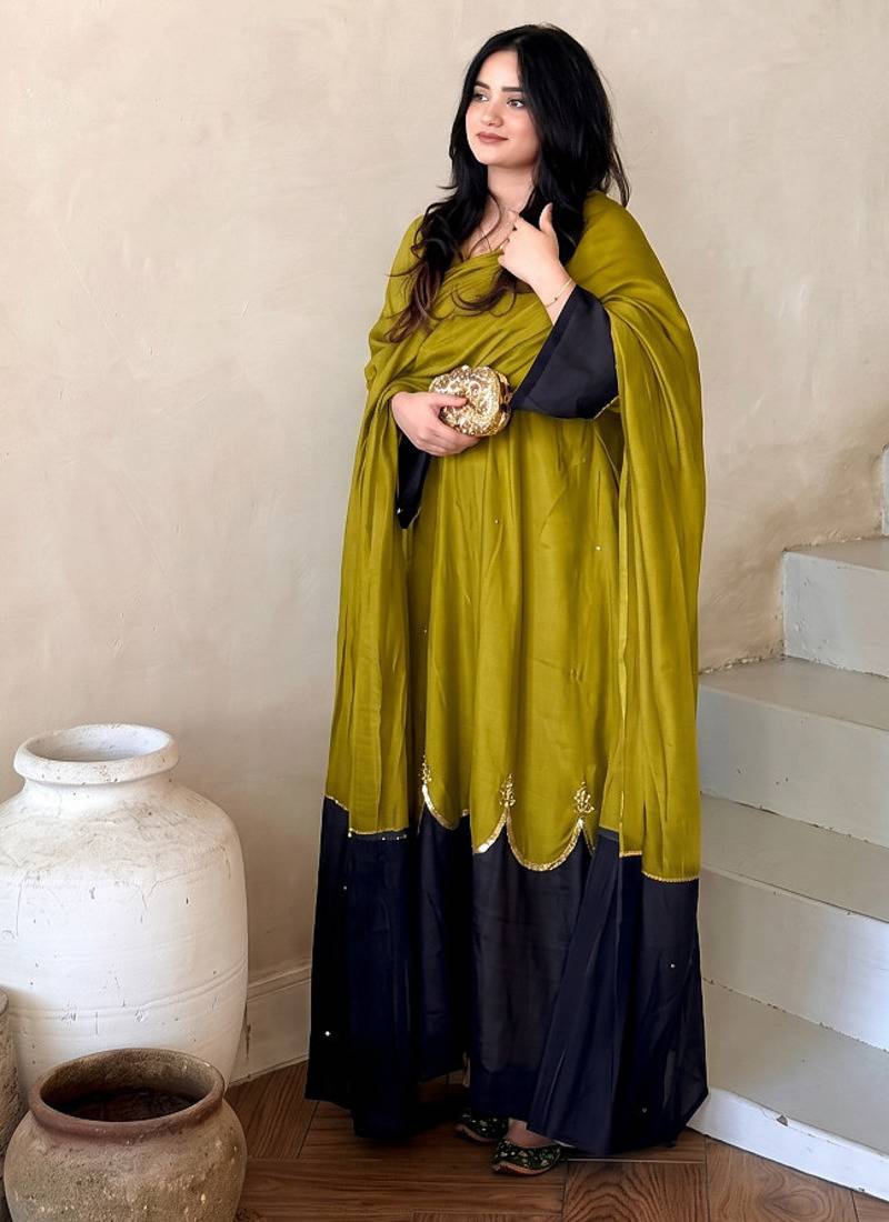 Olive lime green straight kurti with contrast navy blue pant and dupatta set