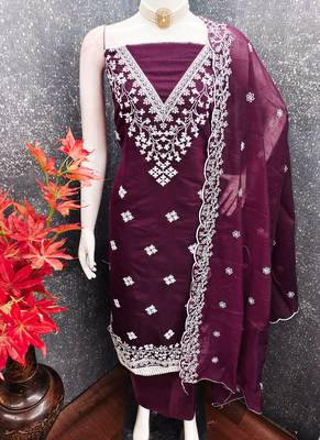 Deep purple chanderi embroidered unstitched suit 2