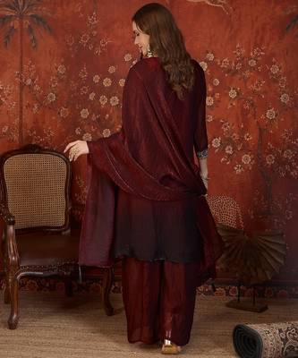 Maroon tissue satin embroidered anarkali kurta sharara set with dupatta. 5