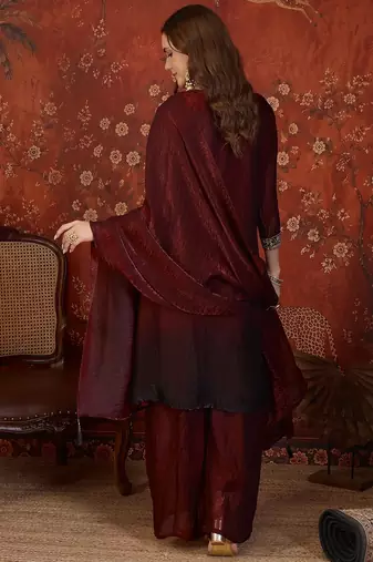 Maroon tissue satin embroidered anarkali kurta sharara set with dupatta.