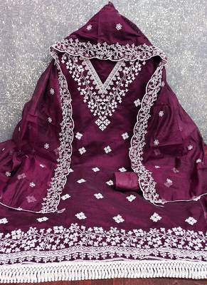 Deep purple chanderi embroidered unstitched suit 3
