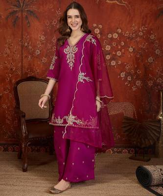 Rani silk blend embroidered kurta Plazzo Set with dupatta. 2