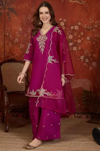 Rani silk blend embroidered kurta Plazzo Set with dupatta.