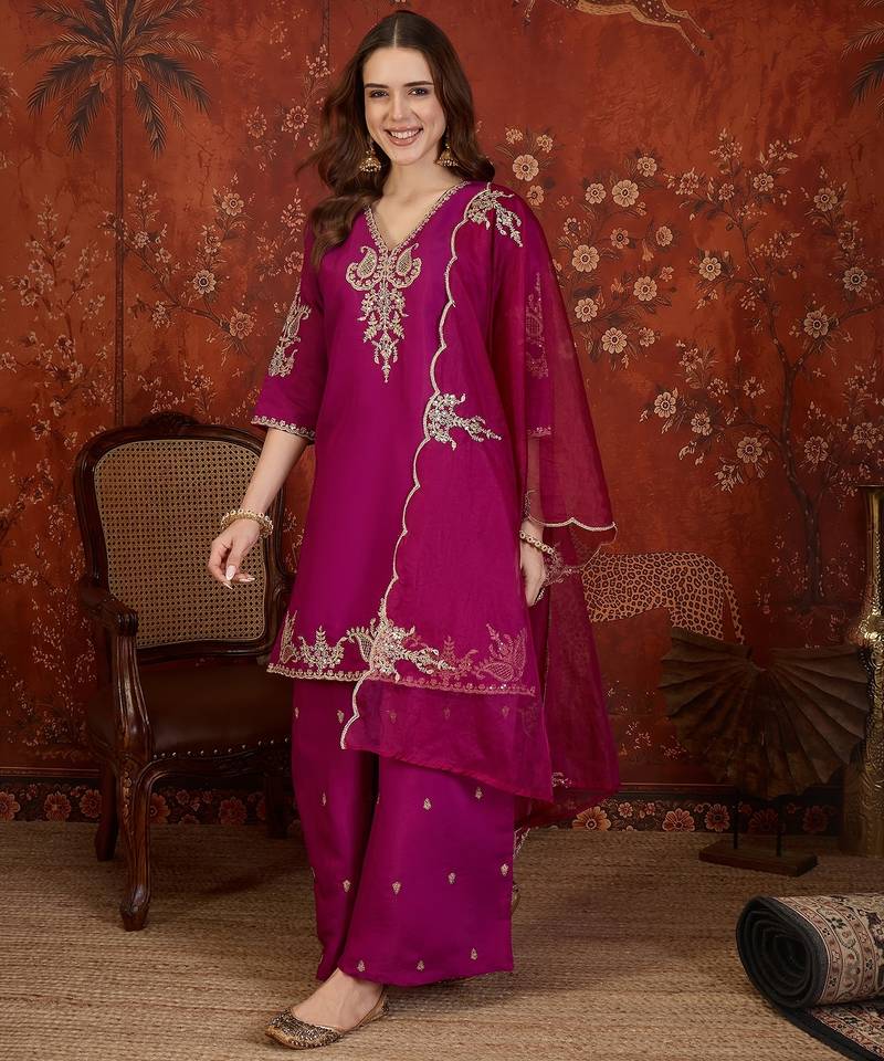 Rani silk blend embroidered kurta Plazzo Set with dupatta.