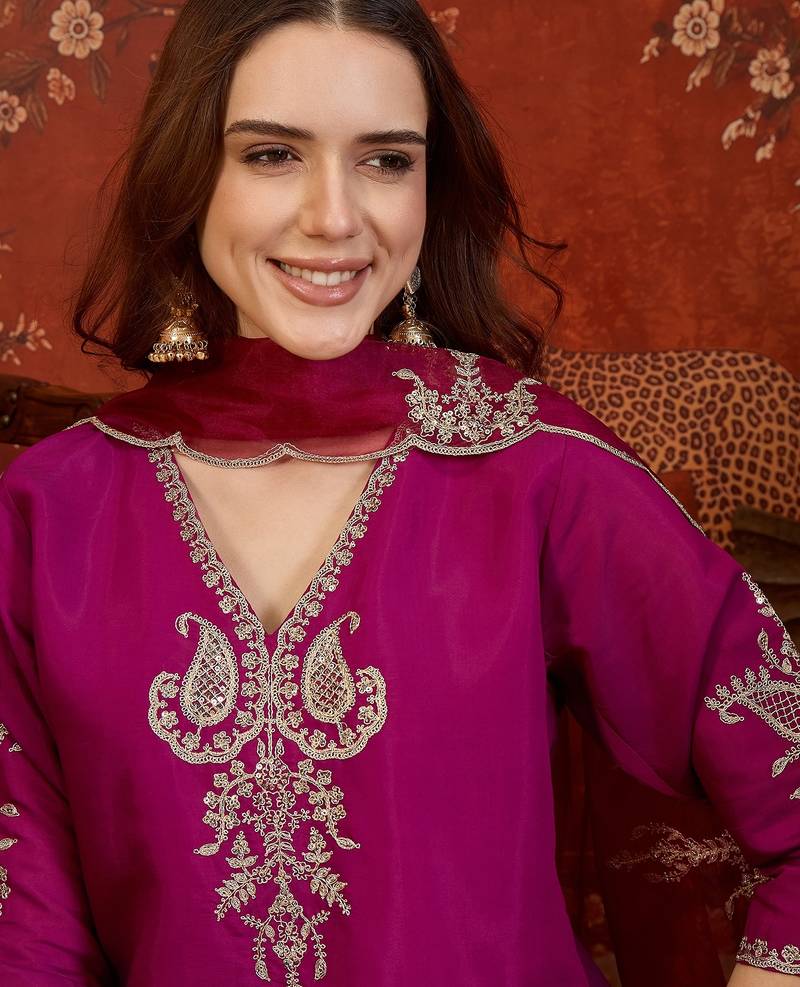 Rani silk blend embroidered kurta Plazzo Set with dupatta.